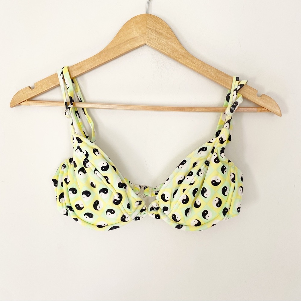 Vintage Bathing Suit Bikini Top Peace Signs Neon Green Large